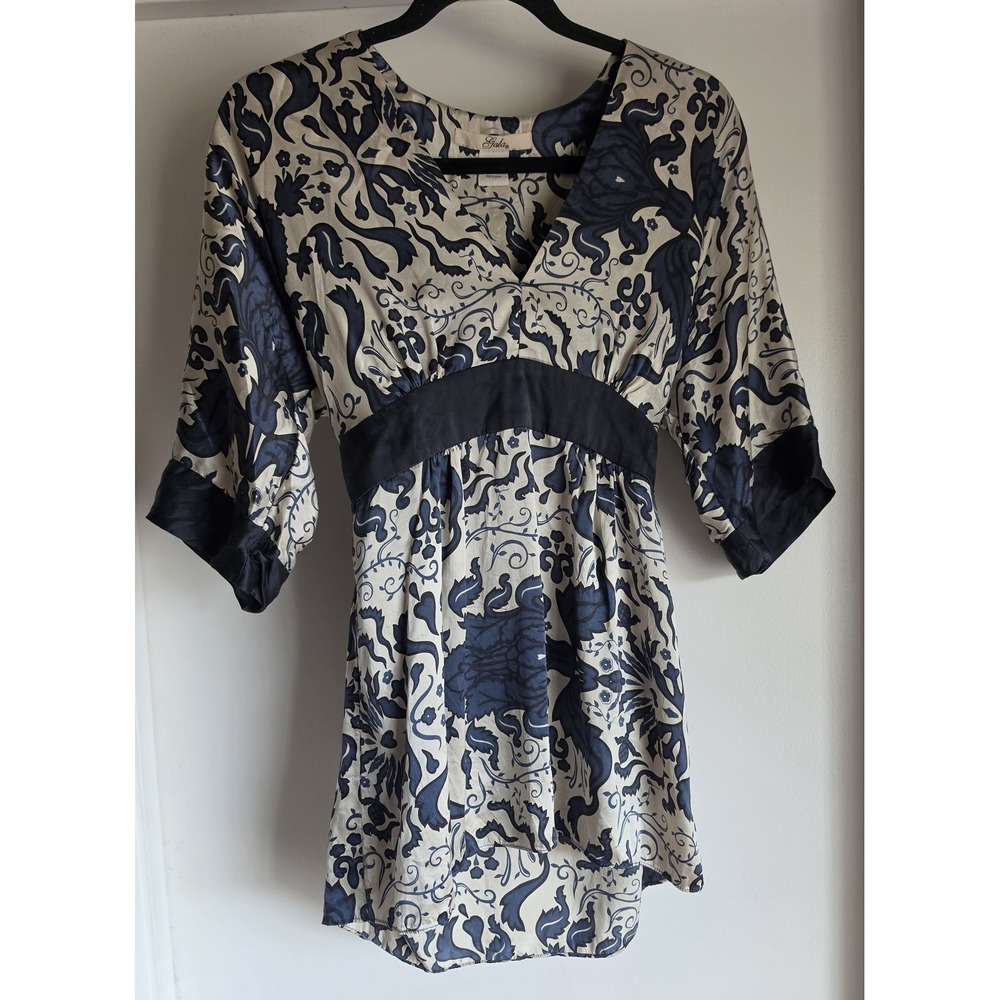 Gala 100% Silk Mini Dress Tunic S Blue Cream Damask V-Neck Short Sleeve Boho Y2K